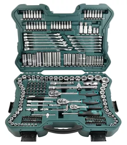 Mannesmann M98430 - Maletín con llaves de vaso y otras herramientas (215 piezas, tamaño: 12x36x51 cm), Color Verde Mannesmann