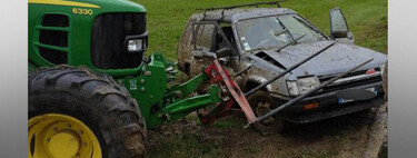 Hoy, en nuevos usos de los tractores John Deere: ensartar al flipado que entra en tu finca a derrapar con su coche y echarlo