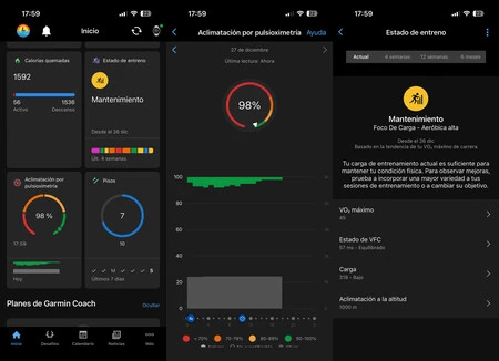 Datos registrados en la aplicación de Garmin
