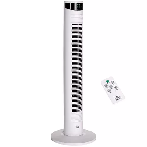 HOMCOM Ventilador de Torre Bajo Consumo Oscilante 45W con Control Remoto Temporizador de 12 h 3 Velocidades 3 Modos Pantalla LED y Asa de Transporte para Dormitorio Ø31,5x93 cm Blanco