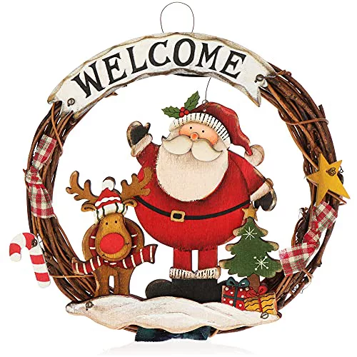 COM-FOUR® Corona de Navidad Trenzada - Corona de Puerta Welcome para Colgar - Decoración navideña - Aprox. Ø 25cm (Papá Noel-M)