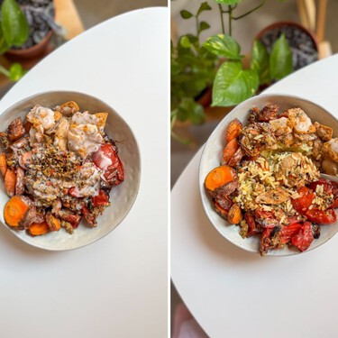 Esta es la mezcla improvisada que salva mis almuerzos y cenas: un poco de arroz del día anterior, proteína vegetal y las verduras que haya en la nevera 