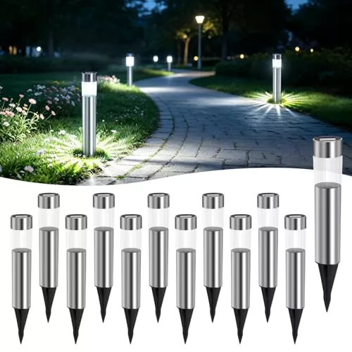 Aigostar 12Uds Luces Solares Jardin Pincho, Acero Inoxidable, IP44, Luz Fría 6500K, Luz Solar Exterior Jardin para Terraza Césped Patio Pasillo H31.5cm
