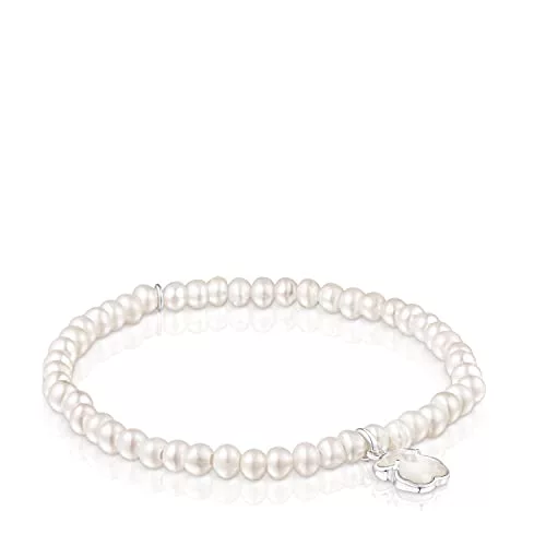 TOUS Pulsera Elástica de Perlas de Nacar para Mujer con Motivo de Oso en Plata de Primera Ley 0,9 cm, Clásica y Pura, Colección Icon Color