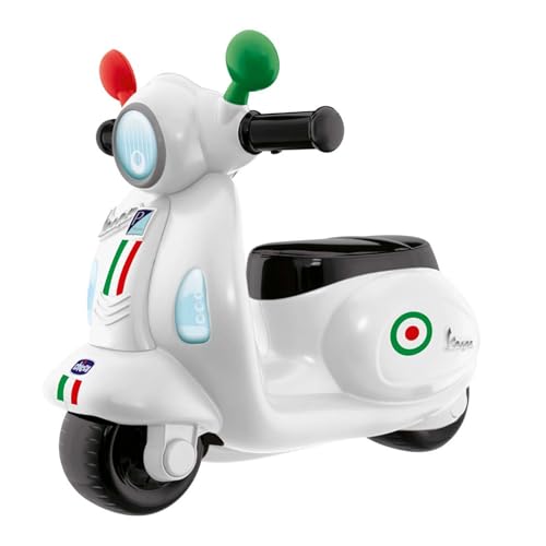 Chicco - Vespa Primavera, Moto Correpasillos para Niños, Panel Electrónico, Luz, Sonido y Ruedines Estabilizadores Extraíbles, para Niños de 1 a 3 Años, 20 Kg, Blanca