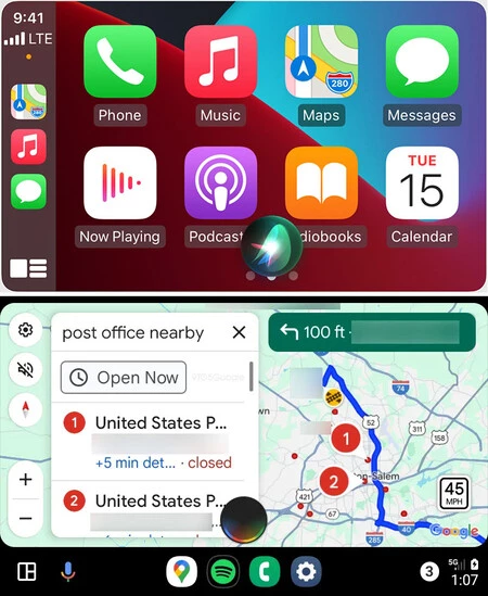 Apple CarPlay の Siri (上) と新しいアシスタント デザインの Android Auto (下)。 9to5Google からのキャプチャ