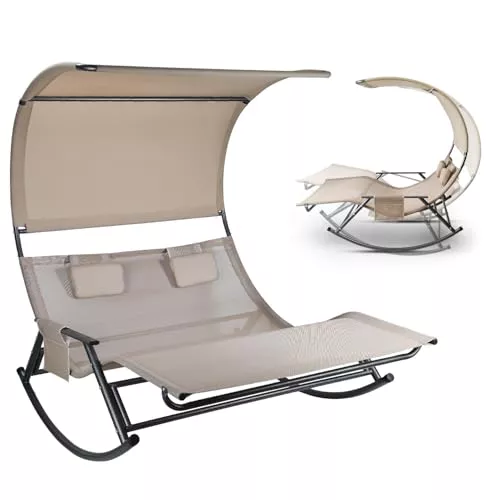Aopunly Tumbona doble para exteriores, columpio para 2 personas hasta 250 kg, tumbona con toldo y bolsa, tejido transpirable, color beige para jardín, balcón y terraza
