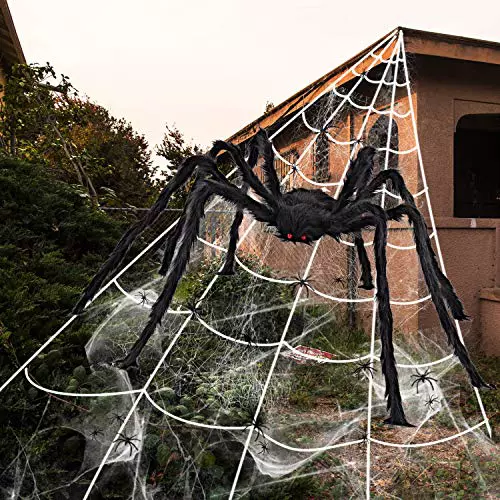 iZoeL XXL Halloween Decoración 700cm Tela Araña Gigante + 200cm Araña + Telarañas + 30 Mini Arañas Halloween Decoración Halloween Party Decoración Aire Libre Araña Gigante