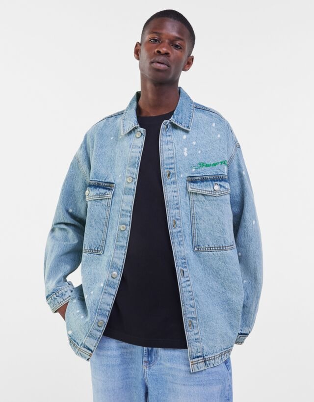 Sobrecamisa en denim con estampado y bolsillos XL