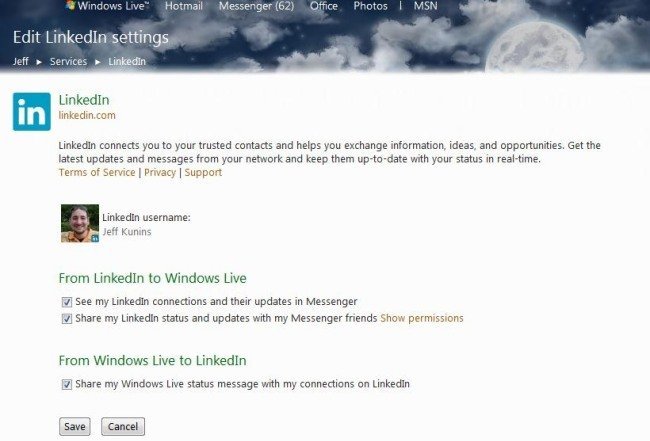LinkedIn en Windows Live
