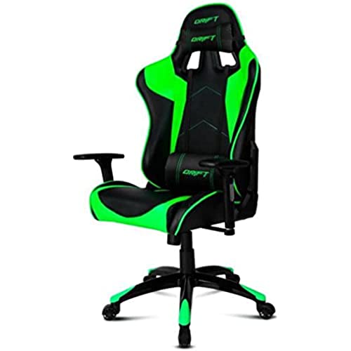 DRIFT GAMING DR300 -DR300G- Silla Gaming Profesional, Ergonómica, Piel sintética, Pistón Clase 4, Asiento basculante y Regulable, Cojines Lumbar y Cervical, Negro/Verde, 48 x 61.5 x 129 cm