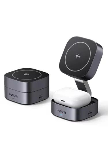 UGREEN MagFlow Cargador Inalámbrico Qi2 15W, Estación de Carga de Auriculares 2 en 1, Compatible con iPhone 16/15/14/13/12 Series, AirPods Pro 2/3, Gris