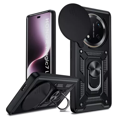 LeYi Funda para Honor Magic7 Lite 5G（No para Honor Magic7/Honor Magic7 Pro, Carcasa Cubierta de cámara Deslizante Proteger Anillo Soporte Silicona TPU Armor Bumper Case, Negro