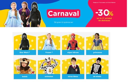 Carnaval 2020 en Toys 'r us: 30% de descuento en la segunda unidad en disfraces Star Wars, Frozen, Marvel o princesas Disney