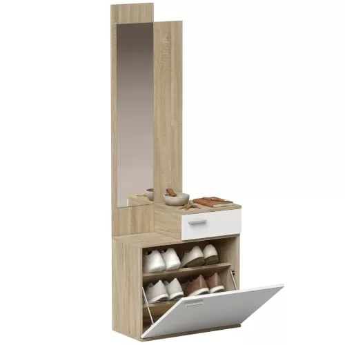 HOMCOM Recibidor de Entrada con Espejo Zapatero Abatible 61x30x170cm Blanco