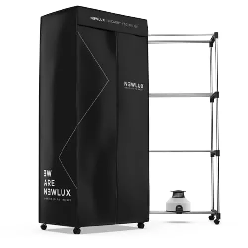 NEWLUX - Secadora de Ropa Eléctrica Portátil Secadry NEgro con Luz UV para Desinfectar. Capacidad 15Kg, Temp. 180min, 4 Niveles. Secadora por Ventilación (1200W) 3 en 1. Ideal como Armario y Tendedero