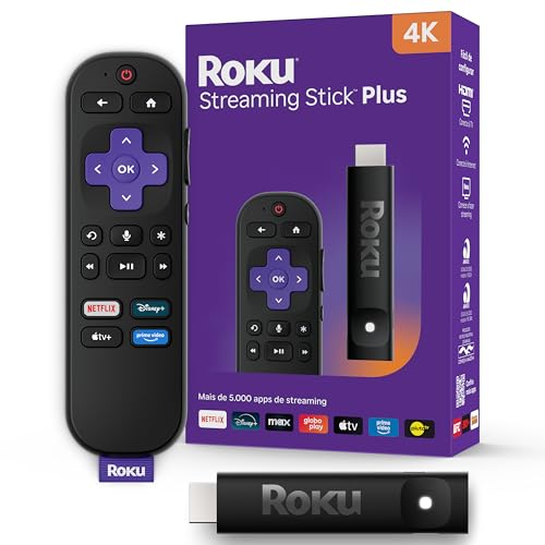 Roku Streaming Stick Plus 4K 2025 | Dispositivo de streaming para TV 4K com controle remoto por comando de voz compatível com Alexa, Siri e Google