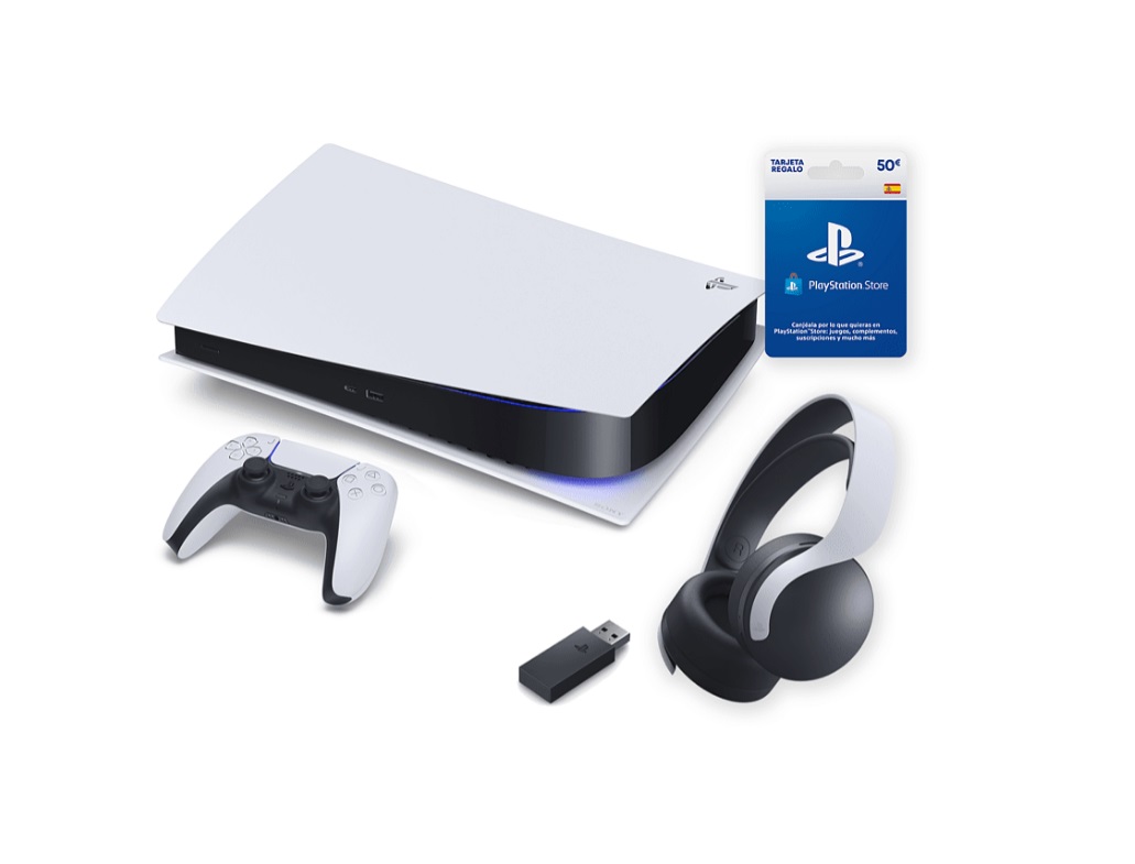 Consola - Sony PS5 Digital C, 825GB, 4K, Blanco + Auriculares gaming Pulse 3D + Tarjeta 50€ PS Store
