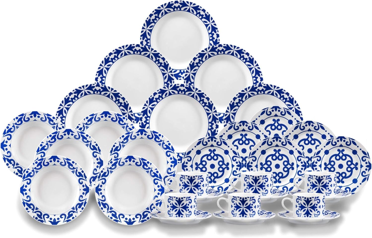 Set de Vajilla Elegante de Porcelana para 6 Personas - 30 Piezas Apto para Lavavajillas y Microondas Set Completo para 6 servicios Estética Mediterranea Nyana Kitcken