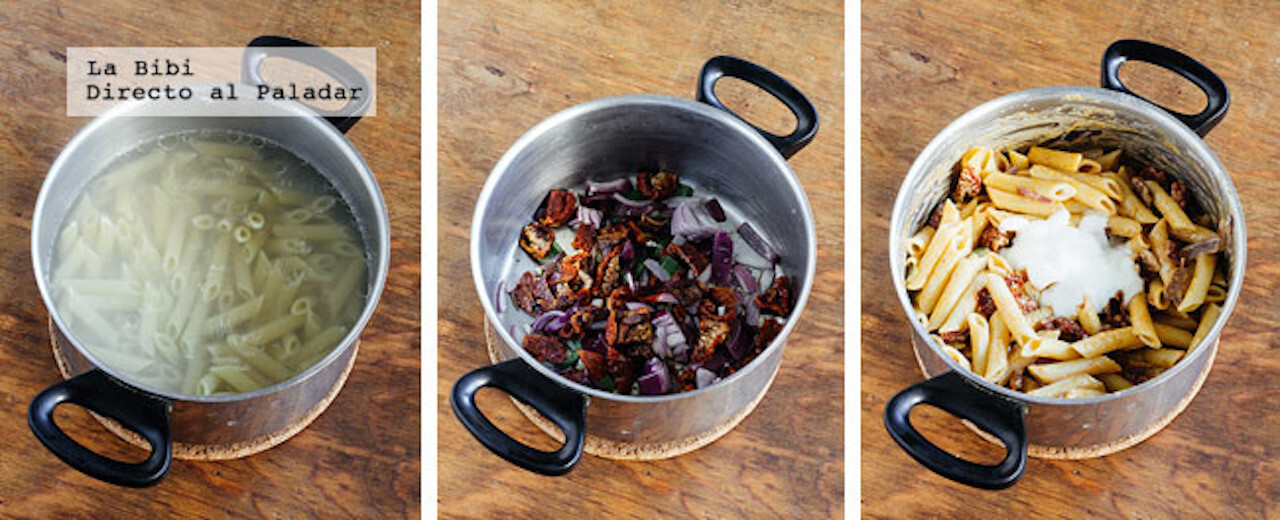 Pasta picante con jitomate deshidratado. Receta fácil de comida italiana