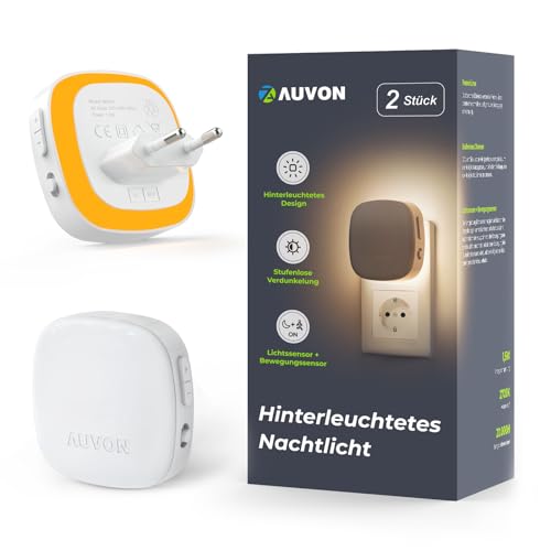 AUVON Luz Nocturna Infantil, Luces Nocturnas de Pasillo de Enchufe con Sensor Movimiento y Sensor de Crepúsculo, 2 Piezas Luz LED de Color Ámbar Ajustable de 1-50 lm Escalera Dormitorio Cocina, ámbar