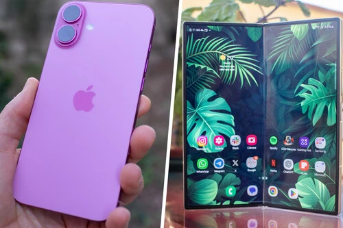 Composición con foto del iPhone 16 Plus y del Samsung Galaxy Z Fold6