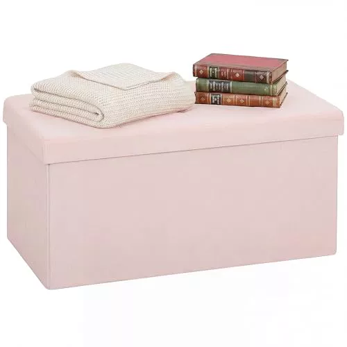 HOMCOM Puff Almacenaje, Banco Almacenaje Plegable, 84 L, 76x38x38 cm, Tapizado en Lino Sintético, Baúl de Almacenamiento, Carga 120 kg, Taburete para Sala de Estar, Dormitorio, Entrada, Rosa