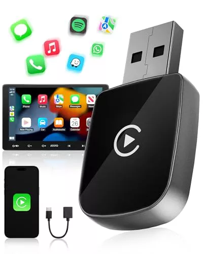 WityEye Adaptador CarPlay Inalámbrico, Bluetooth V5.3 Conexión Estable, 5.8GHz WiFi de Alta Velocidad, USB A/C, Convierte Coches con CarPlay por Cable en Inalámbrica, para Apple iPhone iOS 10+