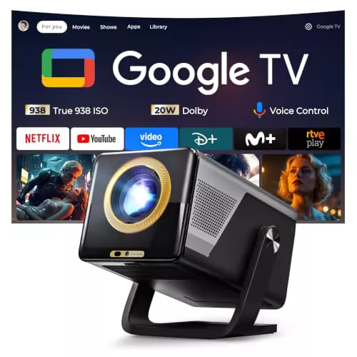 Google TV Proyector Portatil con Netflix, 938 ISO, Soporte 4K, Dolby 20W