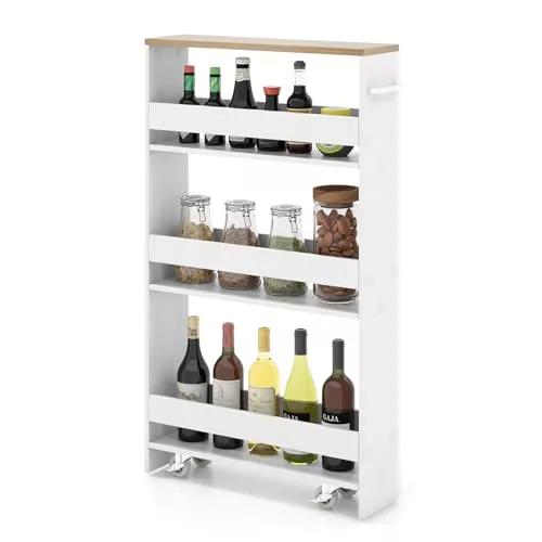 COSTWAY Carro Organizador Estrecho 4 Niveles,47,5x13x80,5cm,Blanco+Natural | Carrito Auxiliar con Ruedas, 4 Estantes, Barandillas Anticaídas y Asa, Ahorra Espacio, Carrito para Cocina, Baño