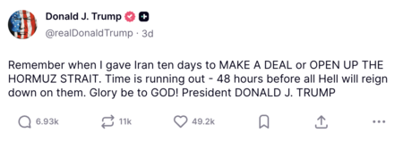 Post de Trump diz o inferno cairá sobre o Irã se não houver acordo.