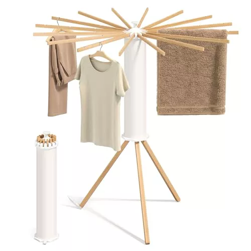 SONGMICS Tendedero Vertical, Plegable y Portátil, Ahorro de Espacio, Giratorio, Extensible, para Lavadero y Balcón, 16 Brazos de Madera, Natural LLR530YW01