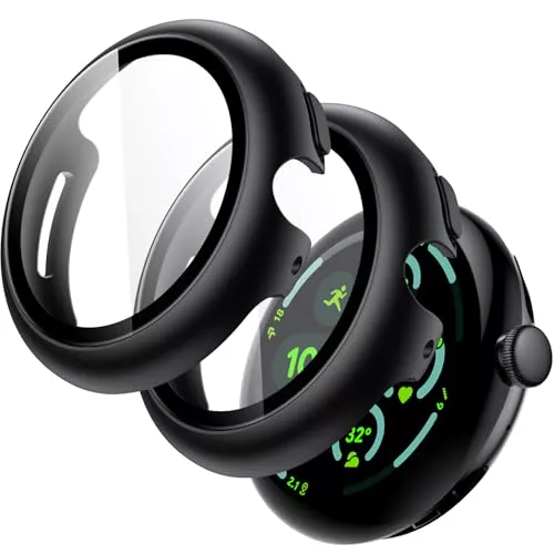 JETech Funda con Protector de Pantalla para Google Pixel Watch 3 (2024) 45mm, Cristal Vidrio Templado Incorporado 9H Carcasa PC Dura Protectora Cobertura Completa, 2 Unidades (Negro)