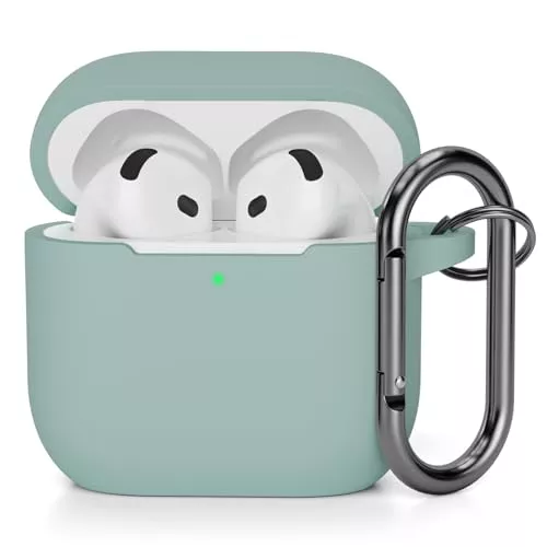 AOTUAO Funda para AirPods 4 (2024) (USB-C) Case Cover, Anti-rasguños Fundas Protectora de Silicona Compatible con Airpods 4.ª Generación con Moschettone, LED Frontal Visible, Cloud Grey