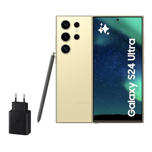 Samsung Galaxy S24 Ultra y Cargador 45W, Teléfono Móvil con IA, Smartphone Android, 12 GB RAM, 256 GB Almacenamiento, Cámara 200MP, S Pen, Batería Larga Duración, Amarillo Titanium (Versión Española)