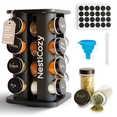 Especiero giratorio cocina negro moderno 360° con 16 botes 