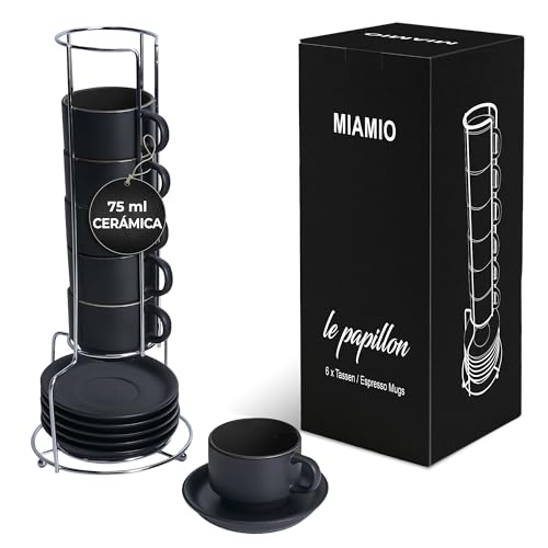 MIAMIO 6 x 75 ml Tazas Cafe Espresso De Cerámica de Gres - Juego De Tazas De Café con Plato - Le Papillon Colección (Negro)