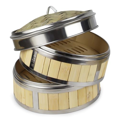 WENLISELL Vaporera de bambú de 20 cm, 2 niveles con tapa