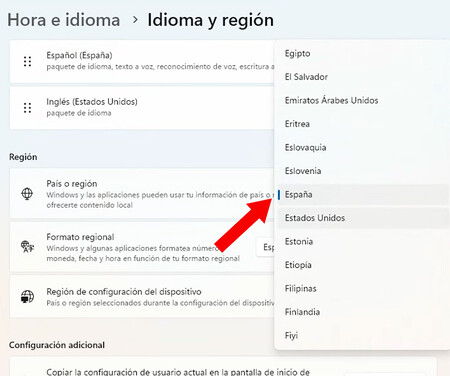 Selector de país en los ajustes de idioma de Windows