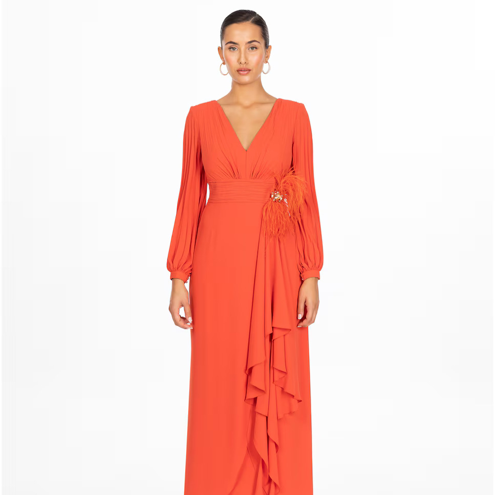 Vestido largo con cuerpo y manga plisada