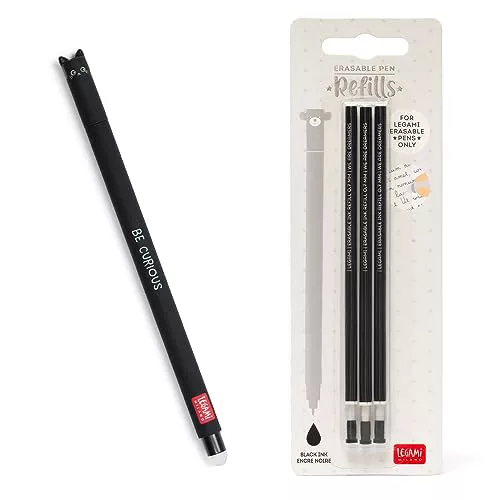 Legami - Bolígrafo de gel borrable, punta esférica para eliminar la tinta sin consumir la hoja, Tinta negra termosensible, diámetro de la punta 0,7 mm, Tema Gatos