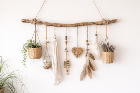 Rama que funciona como móvil de objetos decorativos.