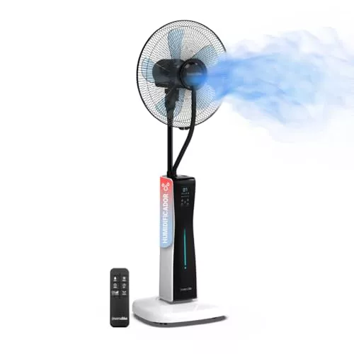 UNIVERSALBLUE Ventilador Humidificador Potente | Ventilador Nebulizador de Agua | Con Ruedas | Mando a Distancia | 3 Velocidades | Silencioso | Temporizador 12h | 5 Aspas | Blanco y Negro