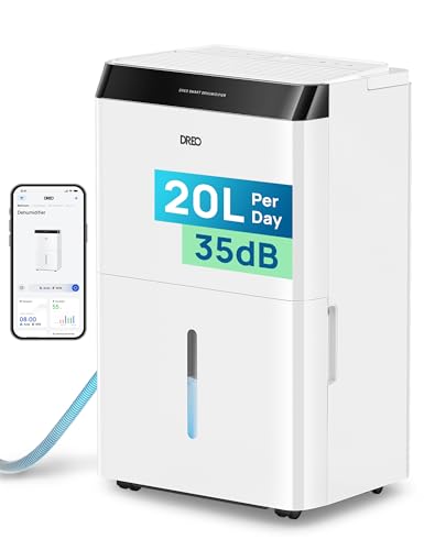 DREO Deshumidificador Inteligente 20 L/24 h, para estancias de hasta 37 m² – eficiente y silencioso – App & Alexa, 3 modos, temporizador, humedad ajustable, tubo de desagüe, dormitorio & baño