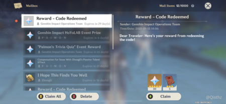 Pantalla Canjeo Código Genshin Impact