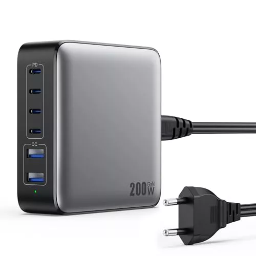 200W Cargador USB C Multiple, 6-Puertos GAN III Enchufe Cargador, 65W PD+QC Carga Rapida Portátil Adaptador con 4 Tipo C y 2 USB-A Cargador Movil para MacBook/ iPhone16/15/ iPad/Samsung/Xiaomi