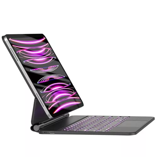 HOU Teclado iPad Air 11'' (M2 2024/M3 2025)/iPad Air 5 2022/iPad Air 4 10.9 2020, Teclado iPad Pro 11 Pulgada （4ª 3ª 2ª 1ª）con diseño Flotante, trackpad, Retroiluminación 7 Colores, Español Ñ,Negro