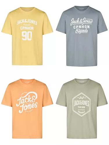 Jack & Jones JJLINO Camiseta, Paquete de 4 Unidades, Cuello Redondo, Manga Corta, Corte Regular, Estampado de Verano, 100% algodón, Paquete de 4, M