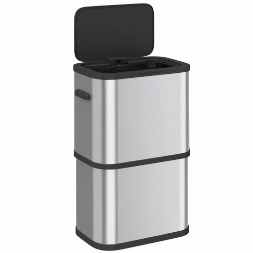 HOMCOM Cubo de Basura de Cocina de 60L de Acero Inoxidable Plata | Papelera Cocina Estrecha con Sujetabolsas, Tapa de Cierre Suave y Apertura Táctil, para Reciclaje Residuos, Restos de Comida
