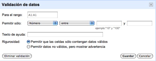 Google Spreadsheet añade validación de datos en sus celdas